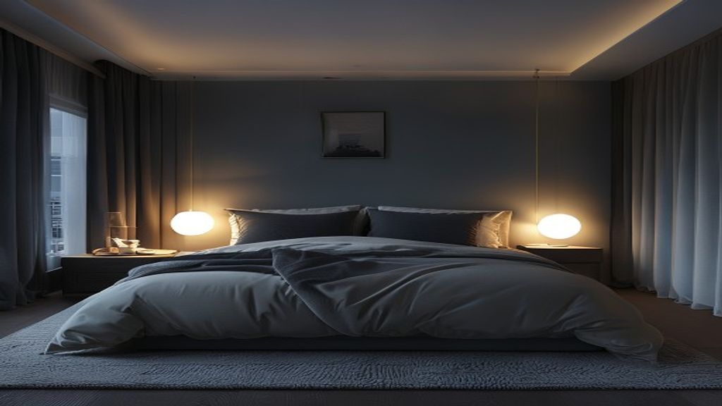 Sömnmiljö Lugn sovrum i skymningen med mjuka skuggor och minimalistisk inredning